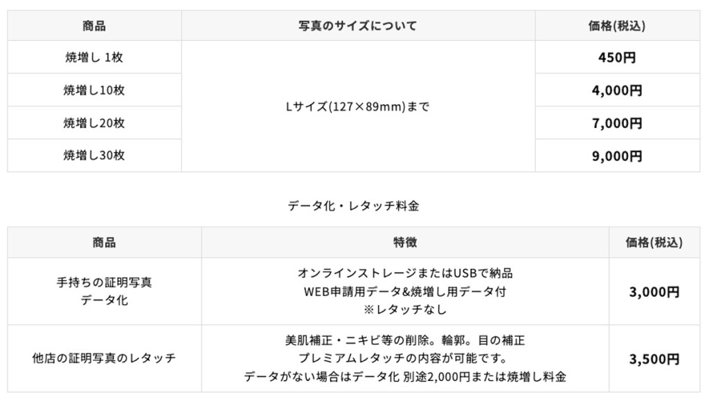 証明写真の焼き増し 他店料金