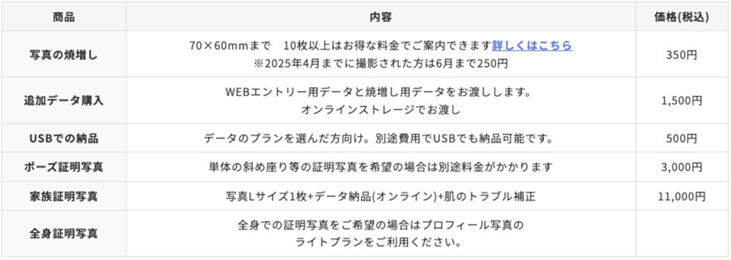 証明写真 オプション料金